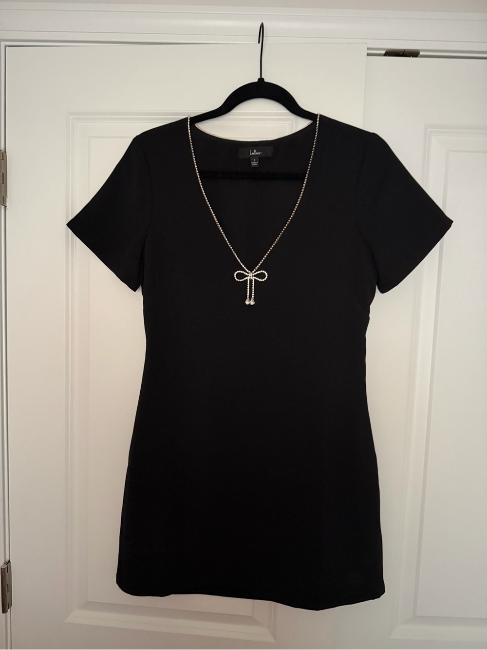 Lulu Black Short Sleeve Dress with Rhinestone Bow Accent